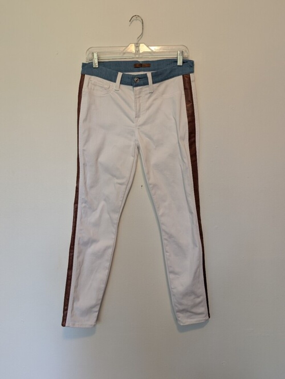 7 For All Mankind Ankle Tuxedo Jeans White Cognac Leather Stripe 2